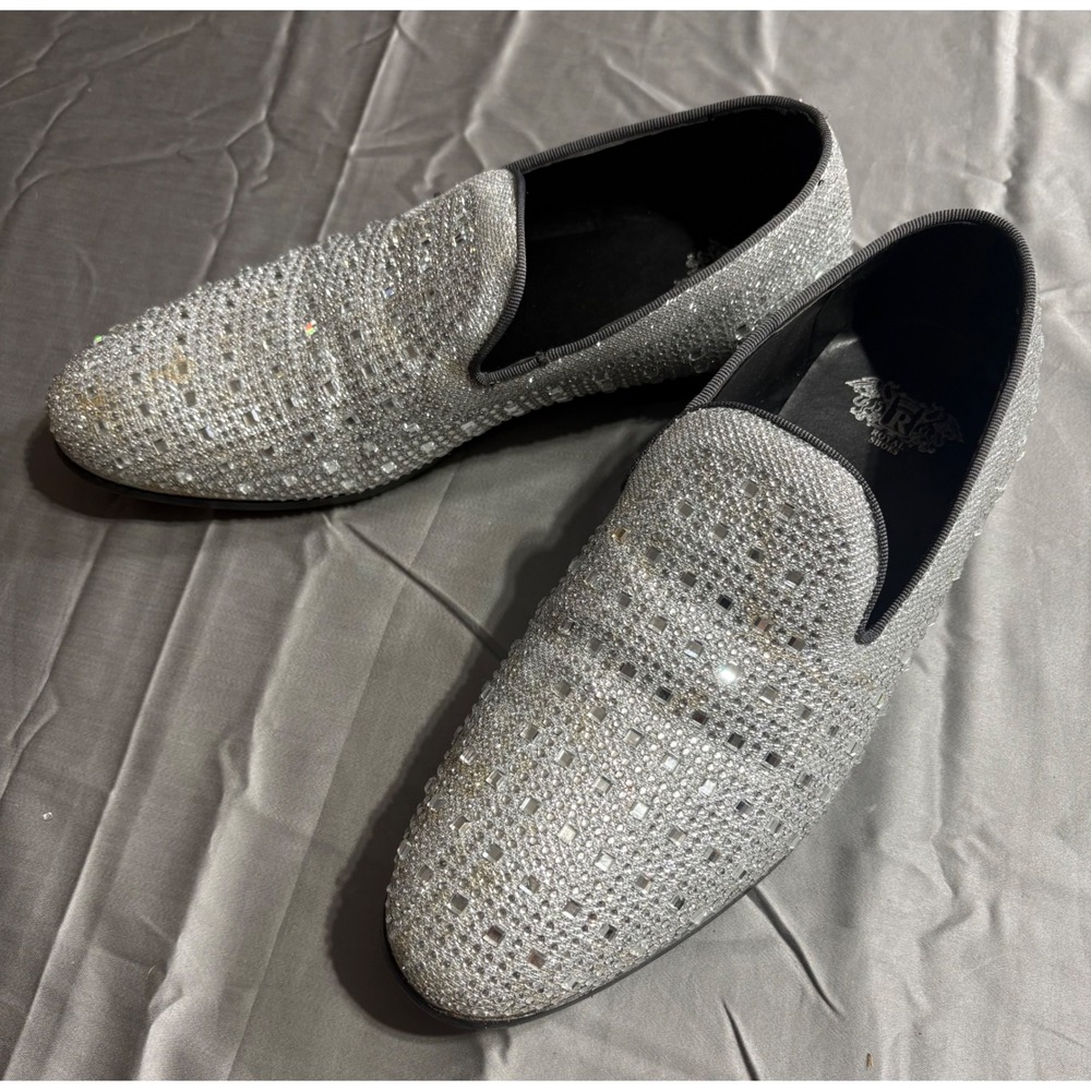 Royal‎ Shoes Mens Rhinestone Loafers Silver Crystal Red Bottom Formal Slip On 8